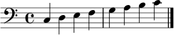 
\relative c { \clef bass \time 4/4 c4 d e f | g a b c | \bar "|." }
