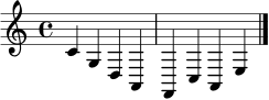\relative c' { \time 4/4 c4 g d a f c' a e' \bar "|." }