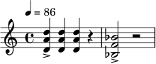 \relative c' {
\time 4/4
\tempo 4 = 86
<d a' d>4-> <d a' d>4 <d a' d>4 r4 |
<bes f' bes>2-> r2 |
}