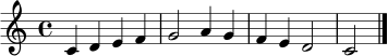 \relative c' { \clef treble \key c \major \time 4/4 c4 d e f g2 a4 g f e d2 c \bar "|." }