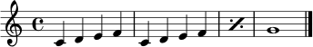 \relative c' {
\clef treble
\time 4/4
c4 d e f |
\repeat percent 2 { c4 d e f | }
g1 \bar "|."
}