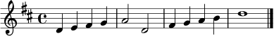\transpose c d \relative c' {
\key c \major
\time 4/4
c4 d4 e4 f4 |
g2 c,2 |
e4 f4 g4 a4 |
c1 \bar "|."
}