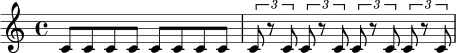 \relative c' {
\time 4/4
c8 c c c c c c c |
\tuplet 3/2 { c8 r c }
\tuplet 3/2 { c8 r c }
\tuplet 3/2 { c8 r c }
\tuplet 3/2 { c8 r c }
}
