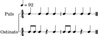 \version "2.22.0"
\header { tagline = "" }
\score {
<<
\new RhythmicStaff \with { instrumentName = "Puls" } {
\numericTimeSignature
\time 4/4
\tempo 4 = 92
c4 c4 c4 c4 | c4 c4 c4 c4 \bar "|."
}
\new RhythmicStaff \with { instrumentName = "Ostinato" } {
\numericTimeSignature
\time 4/4
c8 c8 c4 r4 c4 | c8 c8 c4 r4 c4 \bar "|."
}
>>
\layout { }
\midi { }
}