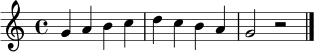 \relative g' { \time 4/4 \key g \mixolydian g4 a b c | d c b a | g2 r2 \bar "|." }