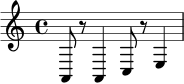 
\relative c {
  \time 4/4
  a8 r a4 c8 r e4
}
