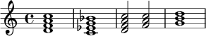 \relative c' {
\time 4/4
<d f a c>1 |
<c ees g bes>1 |
<d f a c>2 <f a c>2 |
<g b d>1 |
}