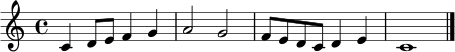 \relative c' { \clef treble \key c \major \time 4/4 c4 d8 e f4 g | a2 g | f8 e d c d4 e | c1 \bar "|." }