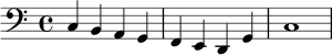 
\relative c {
  \clef bass
  \key c \major
  \time 4/4
  c4 b a g |
  f e d g |
  c1 |
}
