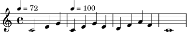 \relative c' {
\time 4/4
\tempo 4 = 72
c2 e4 g |
\tempo 4 = 100
c,4 e g e |
d4 f a f |
c1
}