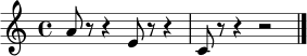 \relative c'' {
\time 4/4
\key a \minor
a8 r8 r4 e8 r8 r4
c8 r8 r4 r2
\bar "|."
}