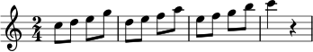 
\relative c'' { \key c \major \time 2/4 c8 d e g | d8 e f a | e8 f g b | c4 r }
