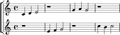 \new ChoirStaff <<
\new Staff {
\relative c' {
\key c \major
\time 4/4
c4 d e2 | r1 | g4 a g2 | r1
}
}
\new Staff {
\relative c' {
\key c \major
\time 4/4
r1 | e4 f g2 | r1 | c4 b c2
}
}
>>