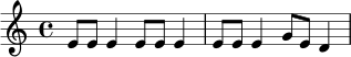 \relative c' {
\time 4/4
e8 e e4 e8 e e4 |
e8 e e4 g8 e d4
}