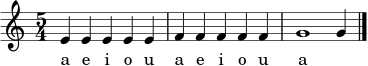 \relative c' {
\time 5/4
e4 e e e e | f4 f f f f | g1 g4 \bar "|."
}
\addlyrics { a e i o u a e i o u a }