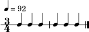 \version "2.22.0"
\header { tagline = "" }
\score {
\new RhythmicStaff {
\numericTimeSignature
\time 3/4
\tempo 4 = 92
c4 c4 c4 | c4 c4 c4 | \bar "|."
}
\layout { }
\midi { }
}