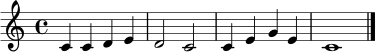 \relative c' { \set Staff.midiInstrument = "acoustic grand" \key c \major \time 4/4 c4 c d e | d2 c | c4 e g e | c1 \bar "|." }
