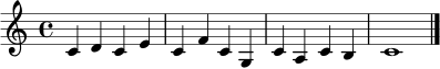 \relative c' {
\clef treble
\key c \major
\time 4/4
c4 d c e | c f c g | c a c b | c1 \bar "|."
}