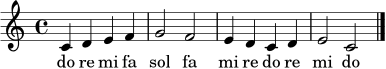 
\relative c' {
\time 4/4
\key c \major
c4 d e f | g2 f2 | e4 d c d | e2 c2 |
\bar "|."
}
\addlyrics { do re mi fa sol fa mi re do re mi do }
