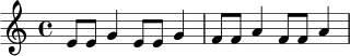 
\relative c' {
  \key c \major
  \time 4/4
  e8 e g4 e8 e g4 |
  f8 f a4 f8 f a4 |
}
