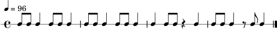\version "2.18.2"
\paper { tagline = ##f }
\score {
\new RhythmicStaff {
\time 4/4
\tempo 4 = 96
c8 c8 c4 c8 c8 c4 | c8 c8 c4 c8 c8 c4 | c4 c8 c8 r4 c4 | c8 c8 c4 r8 c8 c4 \bar "|."
}
\layout { }
\midi { \tempo 4 = 96 }
}