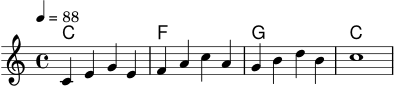 \version "2.24.0"
\score {
<<
\new ChordNames {
\chordmode { c1 | f | g | c | }
}
\new Staff \relative c' {
\tempo 4 = 88
c4 e g e | f a c a | g b d b | c1 |
}
>>
\layout { }
\midi { }
}