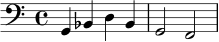 
\version "2.24.0"
\relative c {
  \clef bass
  \time 4/4
  g4 bes d bes |
  g2 f |
}
