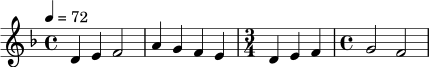 \relative c' {
\key d \minor
\time 4/4
\tempo 4 = 72
d4 e f2 |
a4 g f e |
\time 3/4
d4 e f |
\time 4/4
g2 f2 |
}