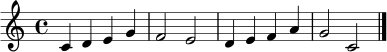 
\relative c' { \clef treble \key c \major \time 4/4 c4 d e g | f2 e | d4 e f a | g2 c, \bar "|." }
