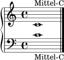 \new PianoStaff <<
\new Staff { \clef treble \time 4/4 c'1^\markup { Mittel-C } \bar "|." }
\new Staff { \clef bass \time 4/4 c'1_\markup { Mittel-C } \bar "|." }
>>