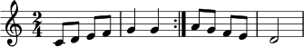 \relative c' { \clef treble \key c \major \time 2/4 \repeat volta 2 { c8 d e f | g4 g4 } a8 g f e | d2 }