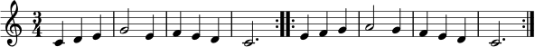 
\relative c' {
  \clef treble
  \key c \major
  \time 3/4
  \repeat volta 2 { c4 d e | g2 e4 | f4 e d | c2. }
  \repeat volta 2 { e4 f g | a2 g4 | f4 e d | c2. }
}
