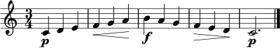 
\relative c' {
  \time 3/4
  \key c \major
  c4\p d e | f4\< g a\! | b4\f a g | f4\> e d\! | c2.\p\bar "|."
}
