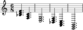 \relative c' {
\time 6/8
<bes d f>4. <f a c> |
<c e g>2. |
<bes d f>4. <f a c> |
<c e g>2.
}