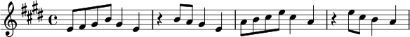 
\relative c' {
  \key e \major
  \time 4/4
  e8 fis gis b gis4 e | r4 b'8 a gis4 e |
  a8 b cis e cis4 a | r4 e'8 cis b4 a |
}
