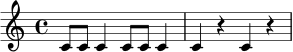 \relative c' {
\time 4/4
c8 c c4 c8 c c4 | c4 r c r |
}