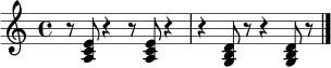\relative c' {
\time 4/4
r8 <a c e>8 r4 r8 <a c e>8 r4 |
r4 <g b d>8 r8 r4 <g b d>8 r8 \bar "|."
}