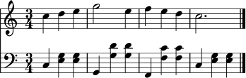 
<<
  \new Staff \relative c'' {
    \clef treble
    \key c \major
    \time 3/4
    c4 d e | g2 e4 | f4 e d | c2. \bar "|."
  }
  \new Staff {
    \clef bass
    \key c \major
    \time 3/4
    c4 <e g> <e g> | g,4 <d' g> <d' g> | f,4 <c' f> <c' f> | c4 <e g> <e g> \bar "|."
  }
>>
