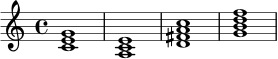 \relative c' {
\key c \major
\time 4/4
<c e g>1 | <a c e>1 | <d fis a c>1 | <g b d f>1 |
}