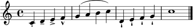 \relative c' { \time 4/4 c4-. d4-- e4-> f4-^ | g4( a b c) | d,4-! e-! f-! g-! | c1 \bar "|." }