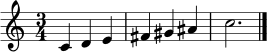 \relative c' { \set Staff.midiInstrument = "orchestral harp" \time 3/4 c4 d e | fis gis ais | c2. \bar "|." }
