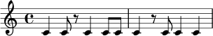\relative c' { \time 4/4 c4 c8 r c4 c8 c | c4 r8 c c4 c | }