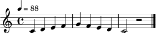 
\relative c' { \tempo 4 = 88 \clef treble \key c \major \time 4/4 c4 d e f | g f e d | c2 r2 \bar "|." }
