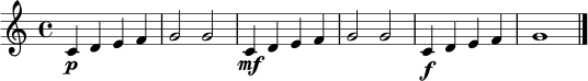 \relative c' {
\clef treble
\key c \major
\time 4/4
c4\p d e f | g2 g | c,4\mf d e f | g2 g | c,4\f d e f | g1 \bar "|."
}