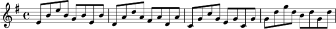 \relative c' {
\key e \minor
\time 4/4
e8 b' e b g b e, b' |
d, a' d a fis a d, a' |
c, g' c g e g c, g' |
g d' g d b d g, d' |
}