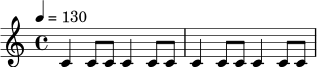 \drummode {
\time 4/4
\tempo 4 = 130
bd4 hh8 hh sn4 hh8 hh |
bd4 hh8 hh sn4 bd8 sn |
}