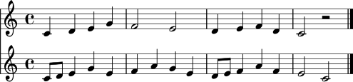 
<<
\new Staff \relative c' { \clef treble \key c \major \time 4/4 c4 d e g | f2 e | d4 e f d | c2 r2 \bar "|." }
\new Staff \relative c' { \clef treble \key c \major \time 4/4 c8 d e4 g e | f4 a g e | d8 e f4 a f | e2 c \bar "|." }
>>
