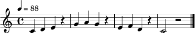 \relative c' {
\key c \major
\time 4/4
\tempo 4 = 88
c4 d e r | g4 a g r | e4 f d r | c2 r2 \bar "|."
}