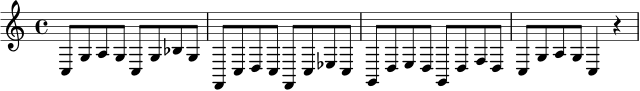 
\relative c {
  \key c \major
  \time 4/4
  c8 g' a g c, g' bes g |
  f,8 c' d c f, c' ees c |
  g8 d' e d g, d' f d |
  c8 g' a g c,4 r |
}

