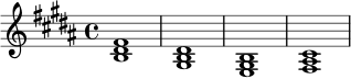 \relative c' {
\key b \major
\time 4/4
<b dis fis>1 |
<gis b dis>1 |
<e gis b>1 |
<fis ais cis>1
}